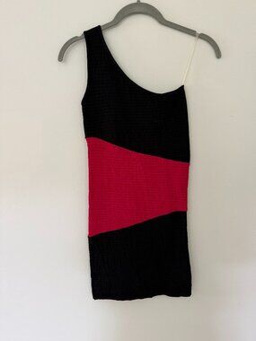 bebe one-shoulder bodycon colorblock dress black, red size small